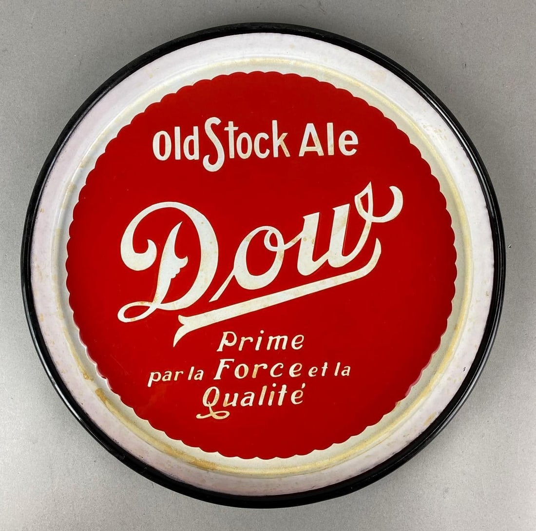 Antique 1930s Dow Beer Porcelain Advertising Tray: Montreal, Canada. Does have some discoloration. Measures 1 x 13 x 13 inches.
