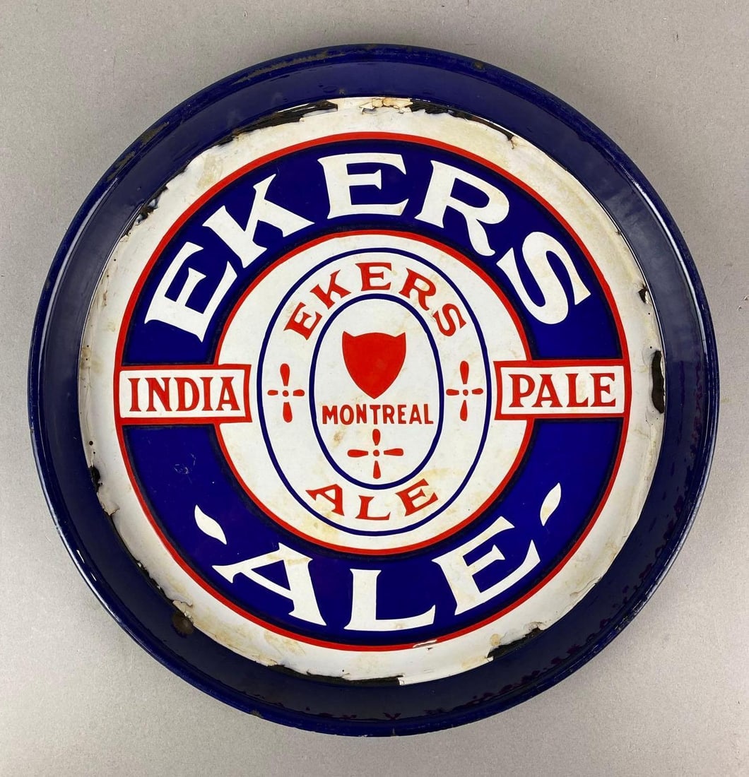 Antique 1930s Ekers Beer Porcelain Advertising Tray: Montreal, Canada. Does have chipping amd is discolored. Measures 1 x 13 x 13 inches.