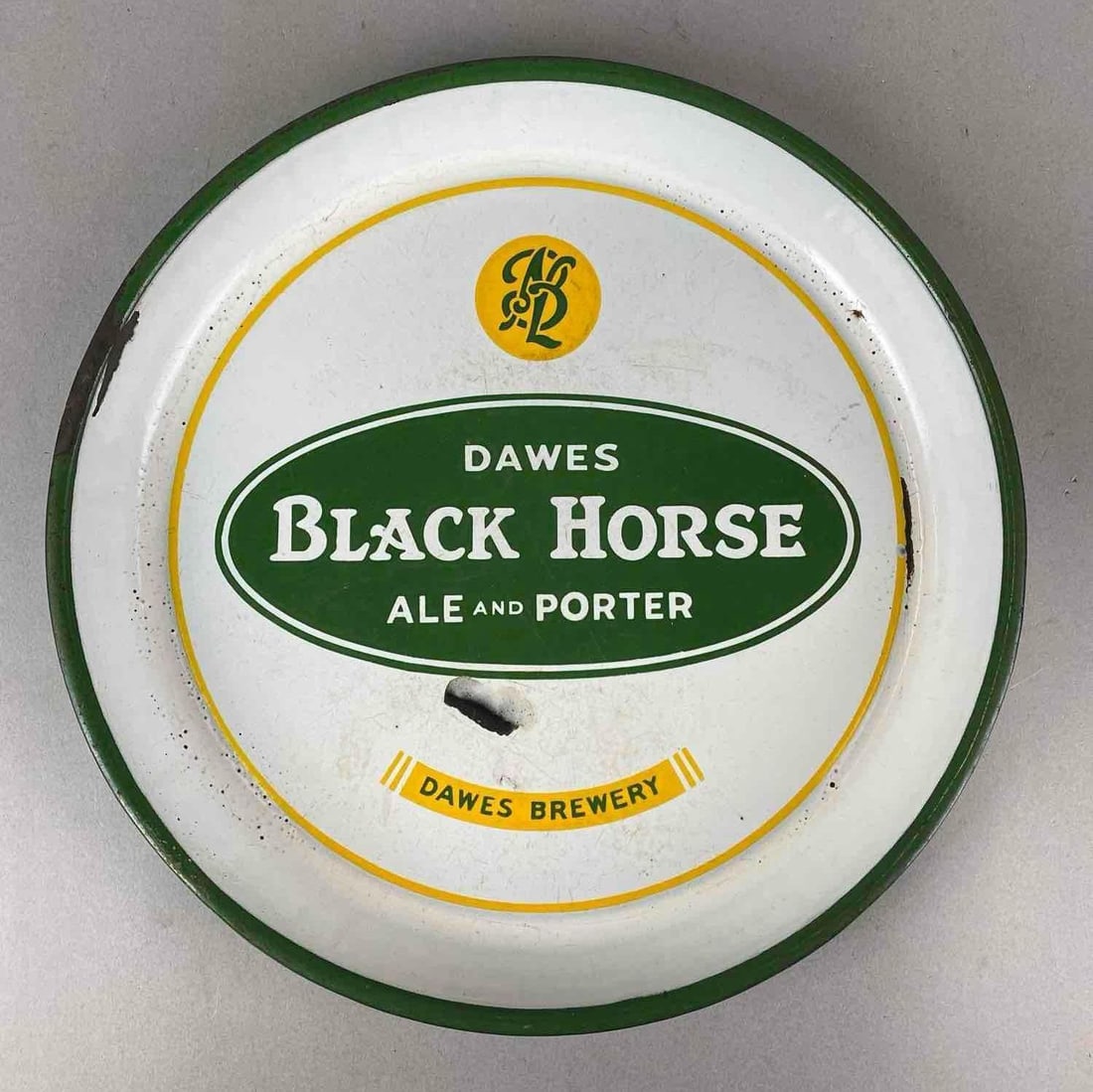Antique 1930s Dawes Black Horse Beer Porcelain Advertising Tray: Quebec, Canada. Has chips and some rust. Measures 1 1/4 x 13 x 13 inches.