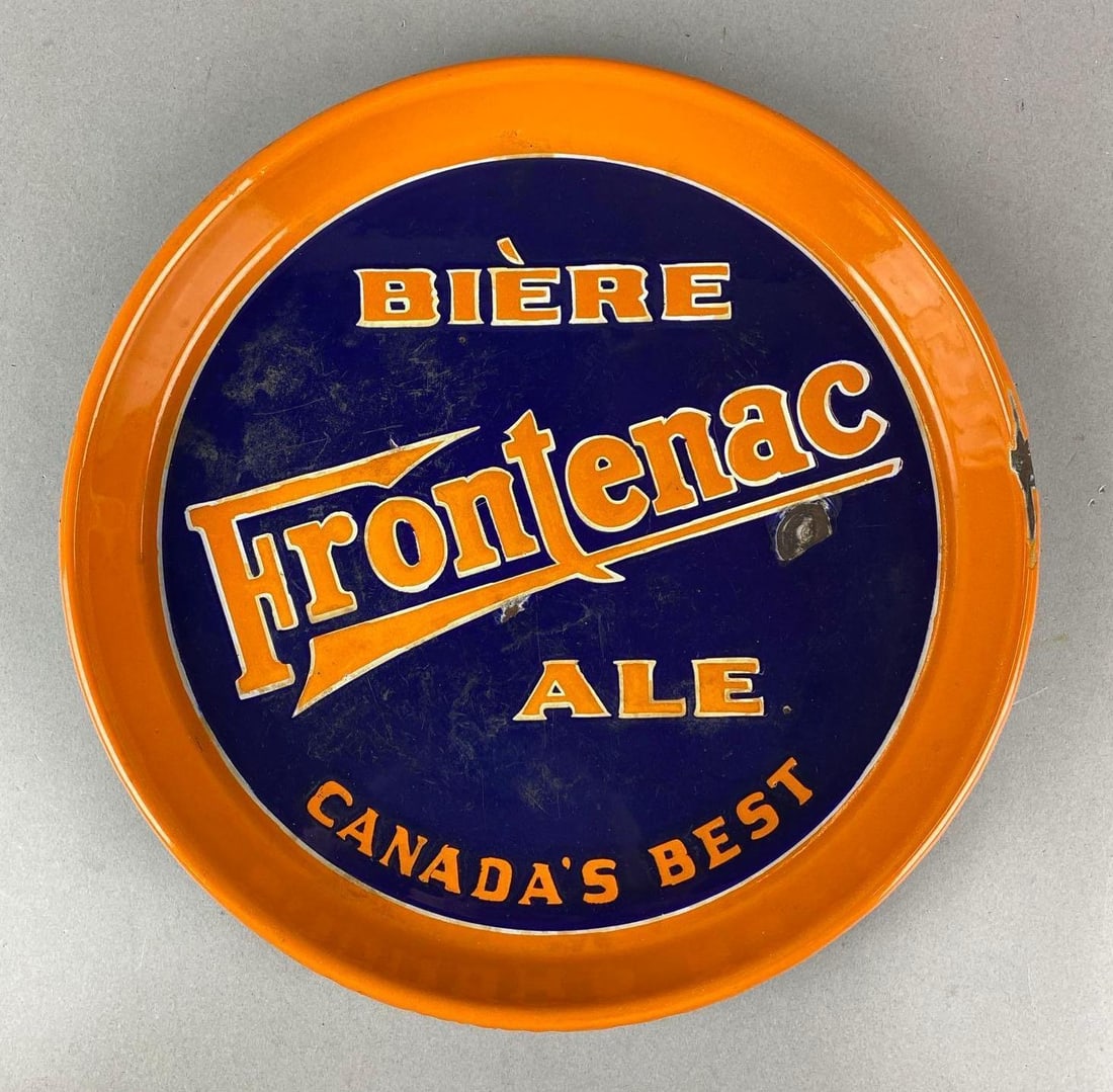 Antique 1930s Frontenac Beer Porcelain Advertising Tray: Montreal, Canada. Has chips and some rust. Measures 1 1/4 x 12 1/4 x 12 1/4 inches.
