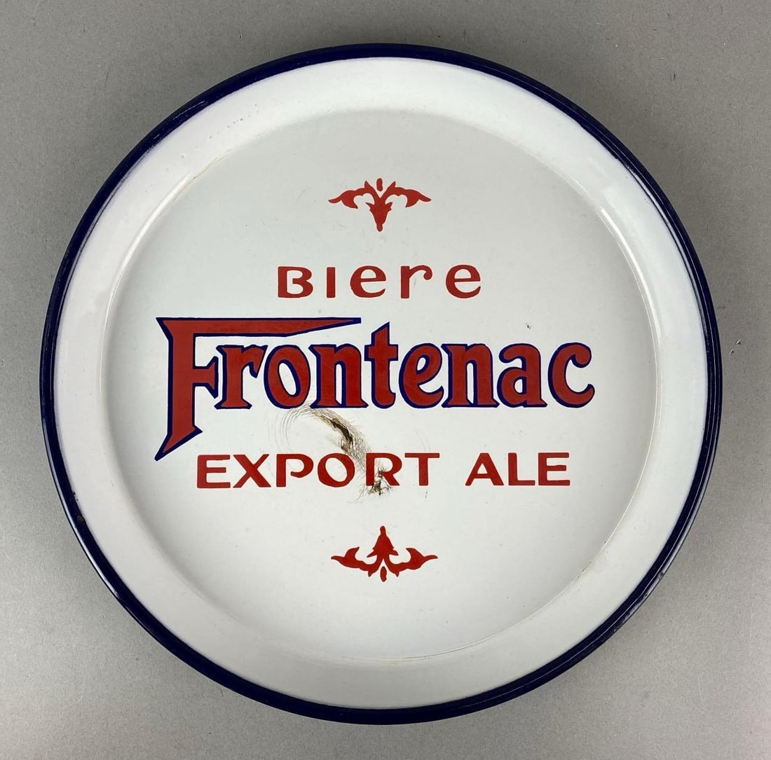 Antique 1930s Frontenac Beer Porcelain Advertising Tray: Montreal, Canada. Has chips and some rust. Measures 1 x 12 1/4 x 12 1/4 inches.
