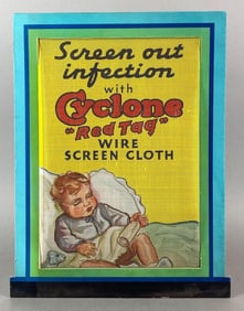 Antique 1930s Cyclone Red Tag Screen Advertising Sign