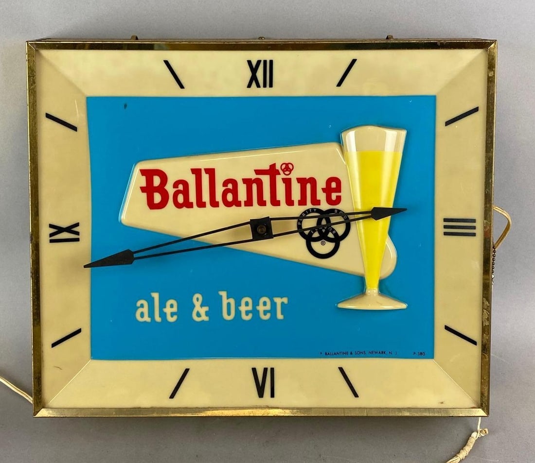 Vintage 1950s Ballantine Advertising Clock: Newark, New Jersey. In working condition. Wear consistent with age. 15 x 18 x 4 inches