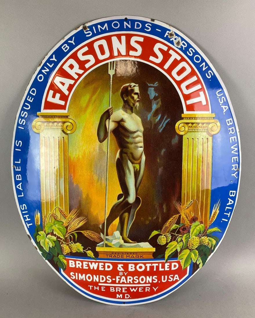 Antique 1930s Farson Stout Advertising Porcelain Sign: Simon’s -Farson, USA The Brewery Maryland. Has been restored. Does have chips and rust. Measures 29 1/2 x 24 x 2 inches.