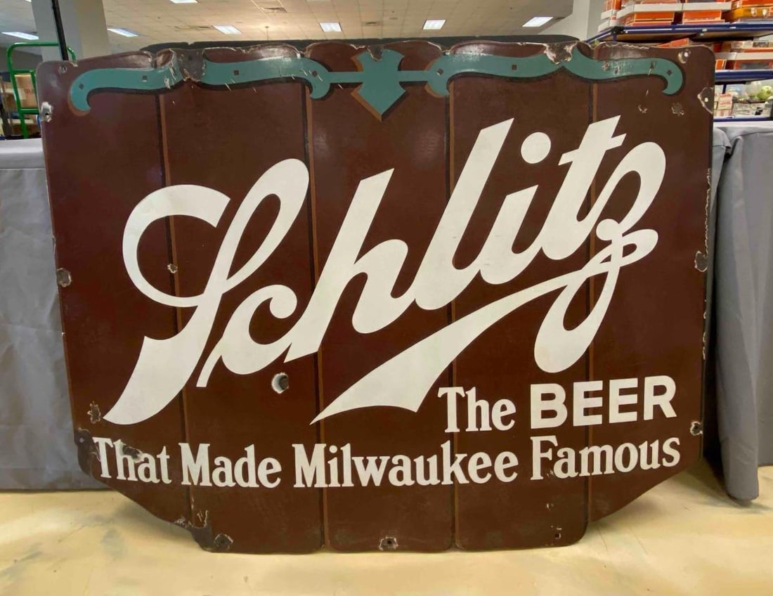 Antique 1930s Schlitz Porcelain Advertising Sign: Milwaukee, Wisconsin. Does have rust and chips. Measures 36 x 48 inches.