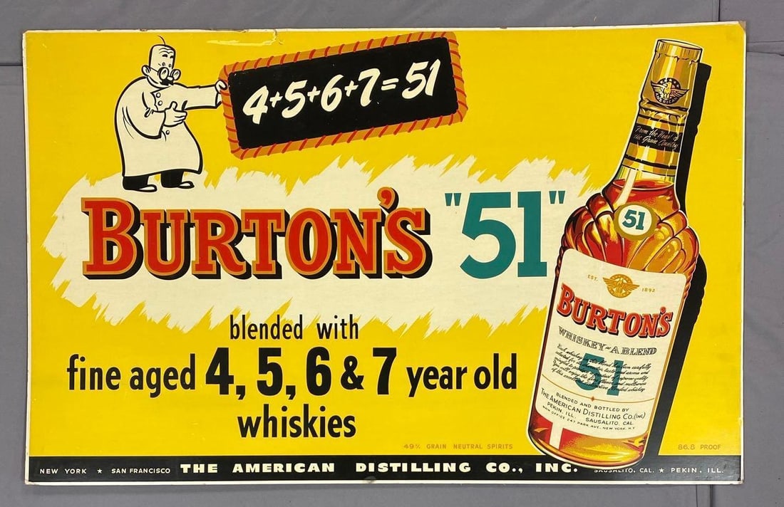 Vintage 1940s Pekin, Illinois Burton Whiskey Cardboard Advertising Sign (1 of 3)