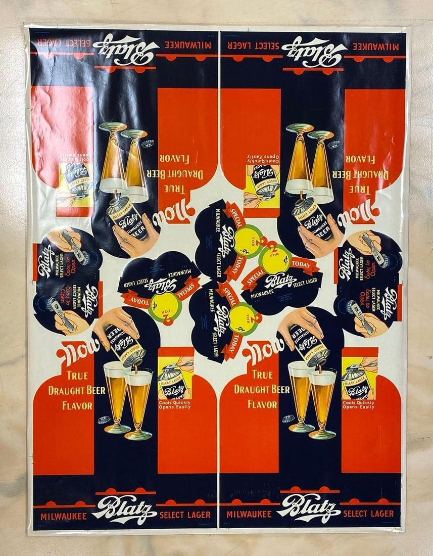 Vintage 1940s Blatz Advertising Cutouts: Milwaukee,Wisconsin. AC Schulz Litho. West consistent with age. Measures 47 1/2 x 36 1/2 inches.