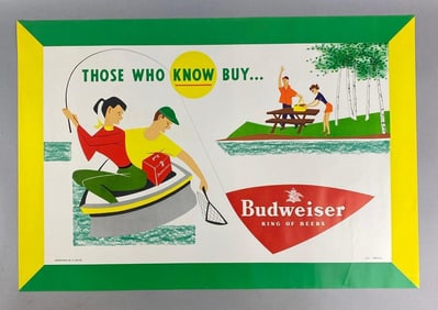 Vintage 1950s Bedweiser Fishing Advertising Poster