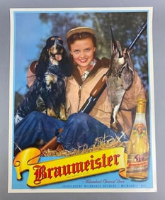 Vintage 1950s Braumeister Lady Fishing Advertising Poster