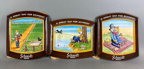 Group of 3 Vintage NOS Schmidt Beer Scare Crow Embossed Advertising Signs