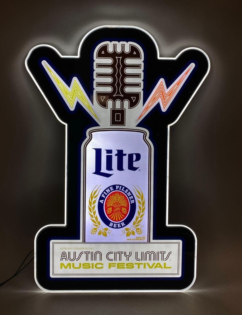 Austin City Limits Music Miller Lite Light Up Advertising Sign: In working condition. Plug does have some rust. Measures H 31 x W 9 1/2 x D 1 1/2 inches.