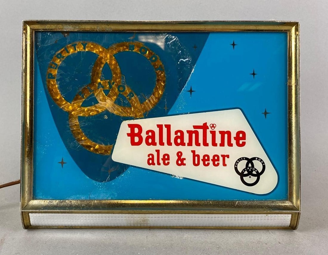 Vintage Balantine Ale and Beer Light Up Movement Advertising Sign: In working condition. Measures H 8 1/4 x W 10 3/4 x D 2 3/4 inches.