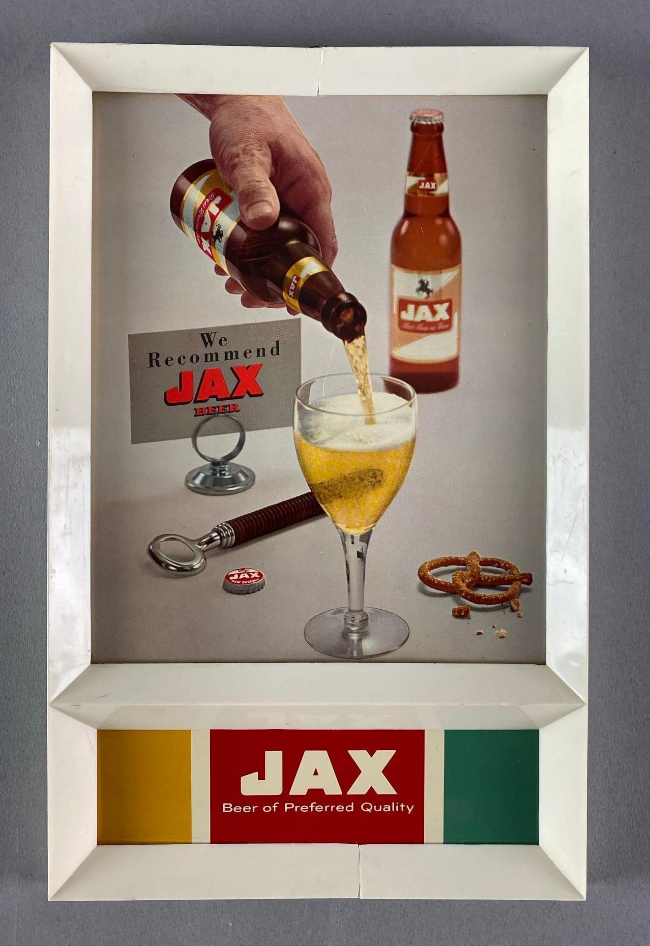 We Recommend JAX Beer Advertising Sign: cracks shown on top and bottom of plastic frame, measures 14” H x 9” W