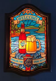 Heilemans Old Style Beer Stained Glass Light Up Plastic Advertising Sign