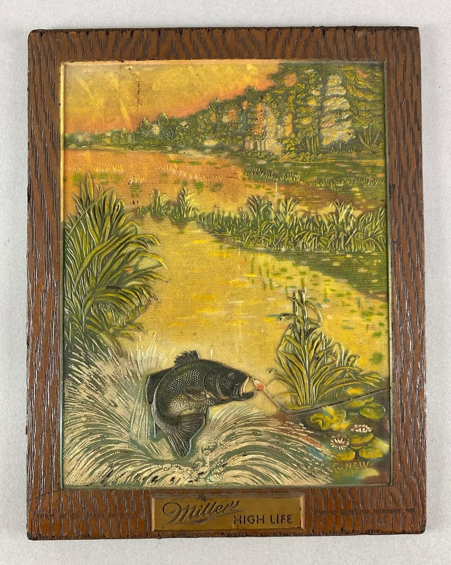 Miller High Life Beer Bass Fishing Relief Scene Advertising Easel Sign: Measures 13 1/2” H x 10 1/2” W
