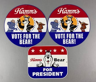 Group of 3 Hamm's Beer Bear For President Metal Advertising Signs