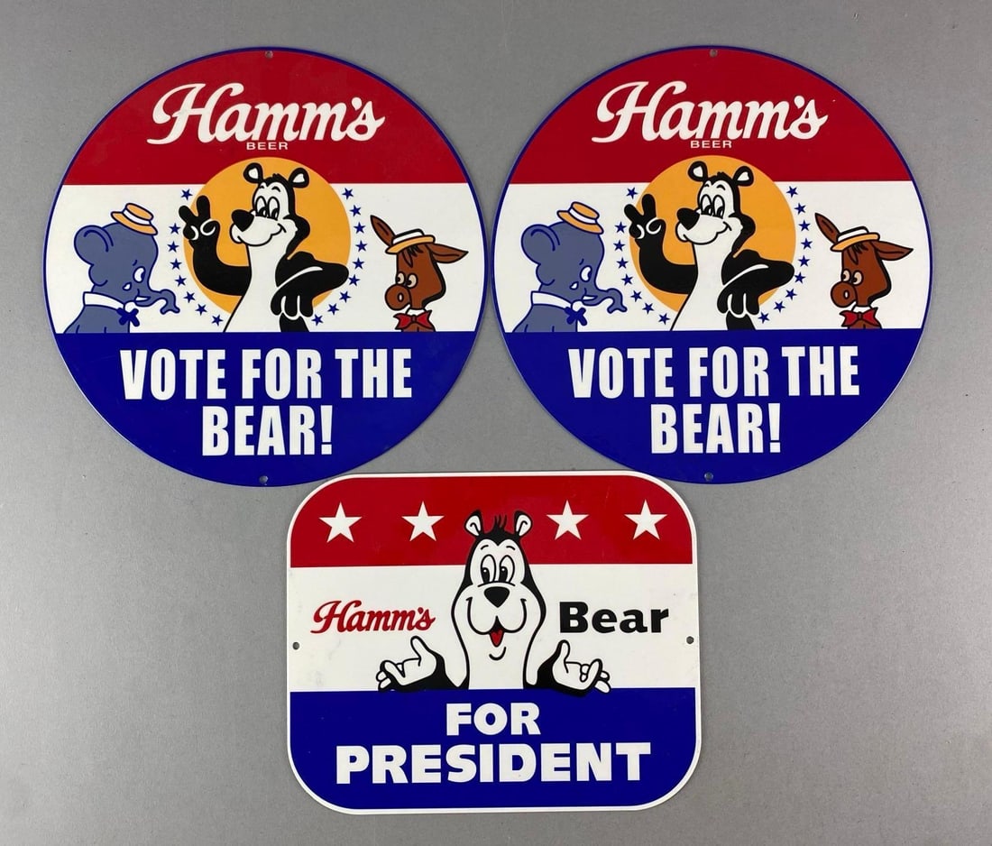 Group of 3 Hamm's Beer Bear For President Metal Advertising Signs: Largest measures 12” In diameter
