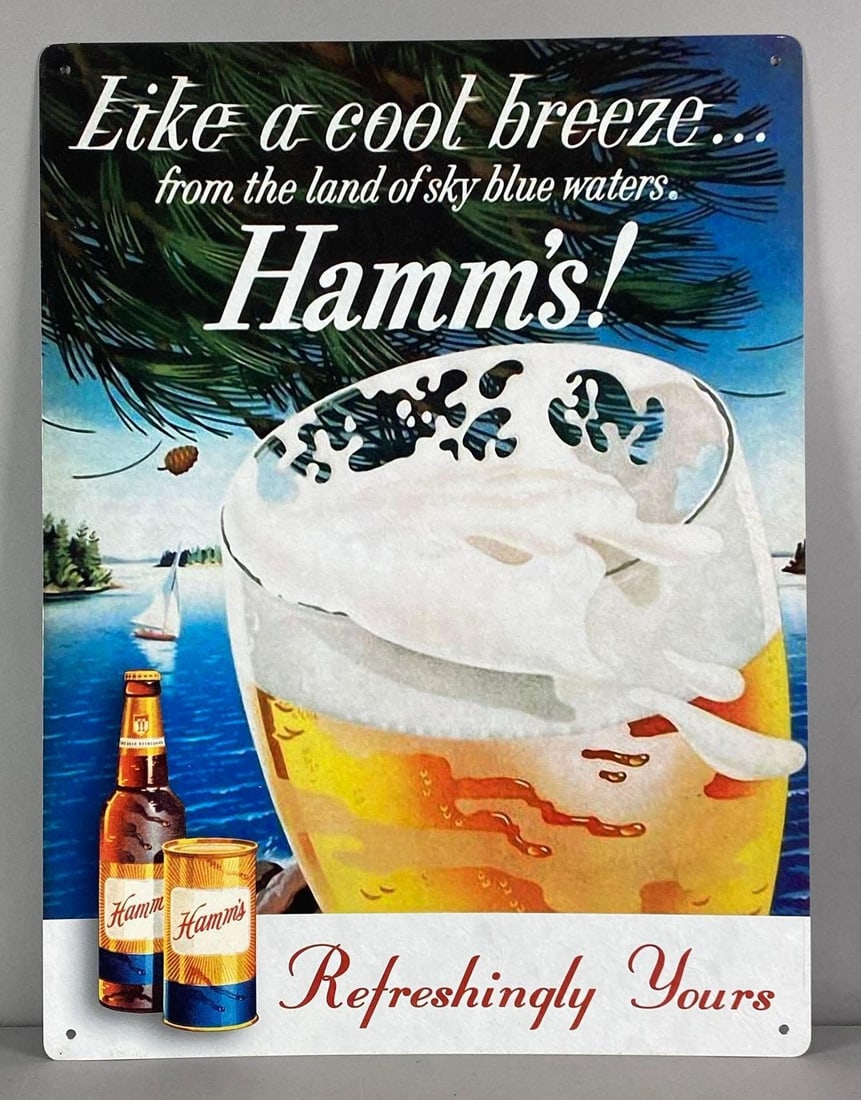 Reproduction Hamms Like a Cool Breeze Beer Metal Advertising Sign: Measures 24” H x 18” W