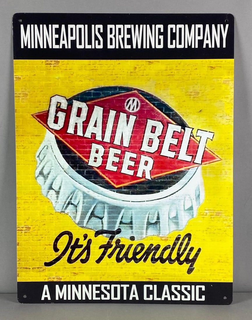 Reproduction Grain Belt Beer It’s Friendly Metal Advertising Sign: Measures 24” H x 18” W