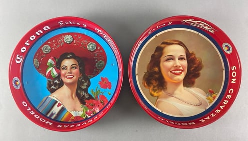 Group of 2 Victoria Corona Beer Metal Advertisimg Drink Trays