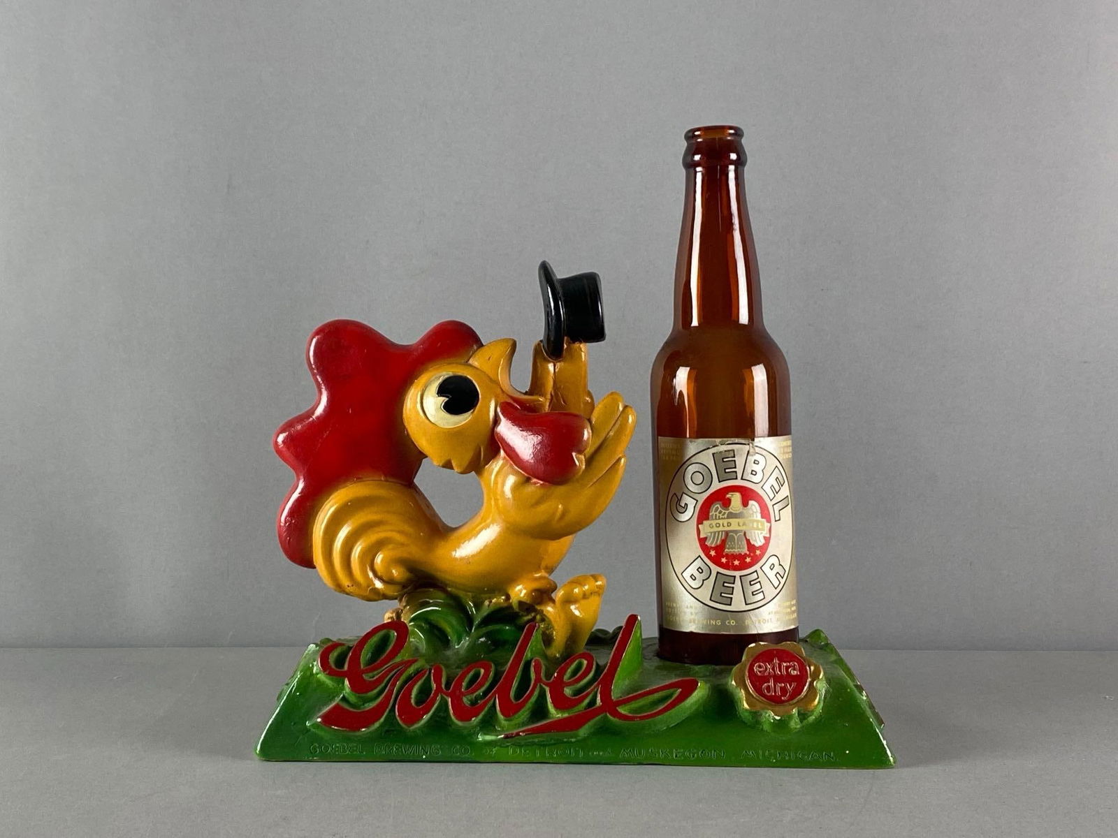 Plasto Goebel Beer Advertising Chalkware Back Bar Display: Measures 10 1/2” H x 10 1/2” W x 5” D