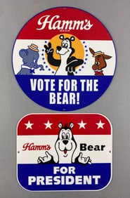 Group of 2 Hamm’s Beer Bear For President Metal Advertising Signs