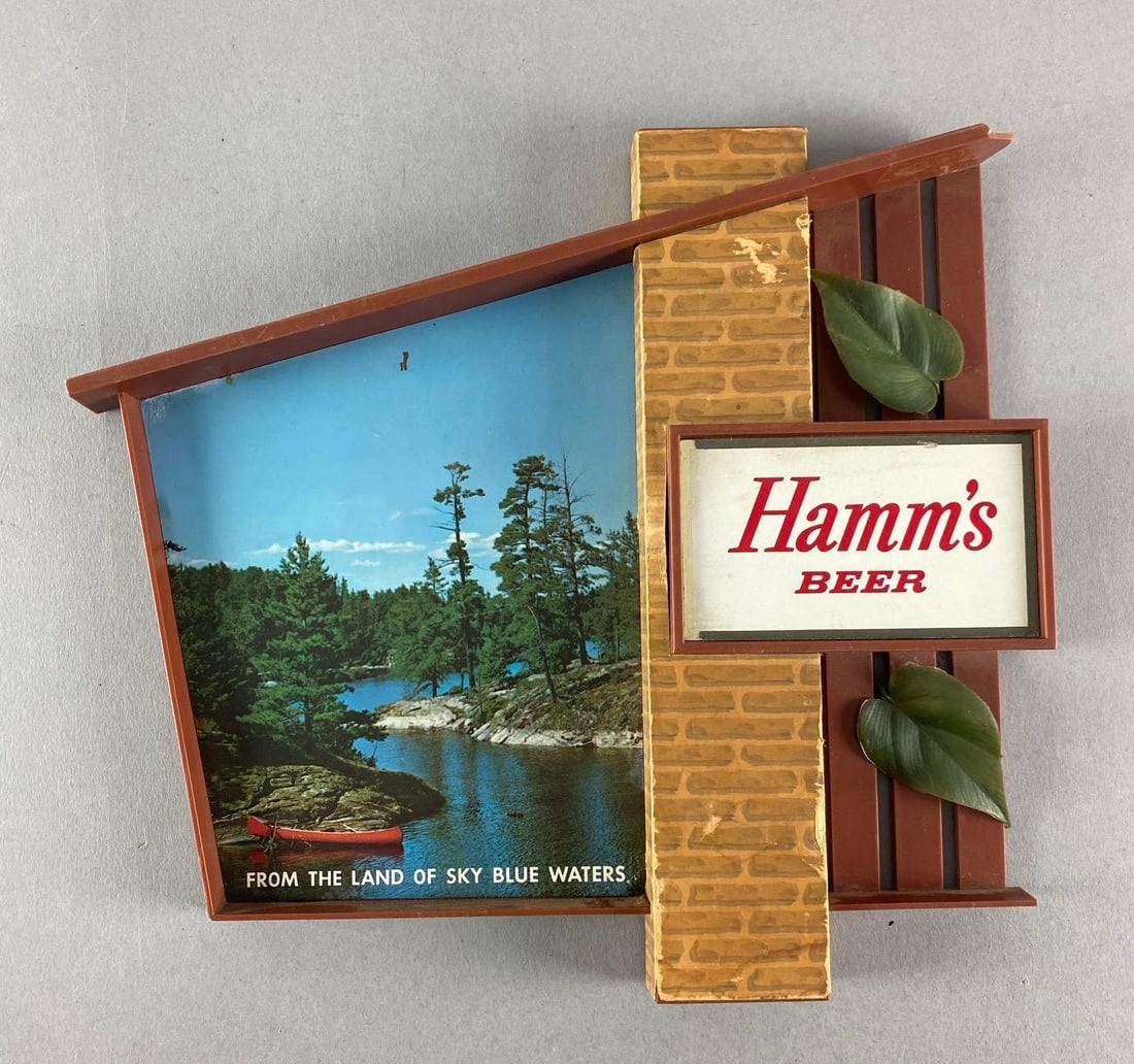 Hamm's Beer Scenic Cabin Plastic Advertising Sign (1 of 3)