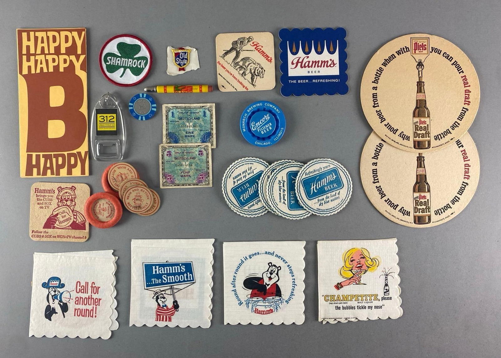 Group of Assorted Beer Advertising Items and More: Includes shamrock patch, blaney bullet pencil, Hamm’s coasters and more