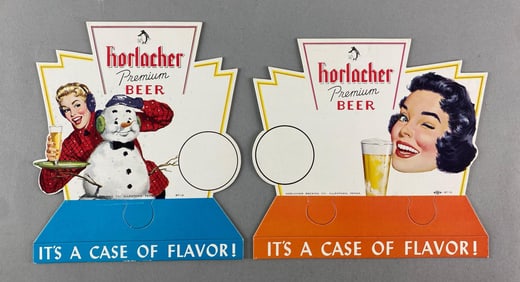 Group of 2 Horlacher Premium Beer Advertising Cardboard Bottle Toppers