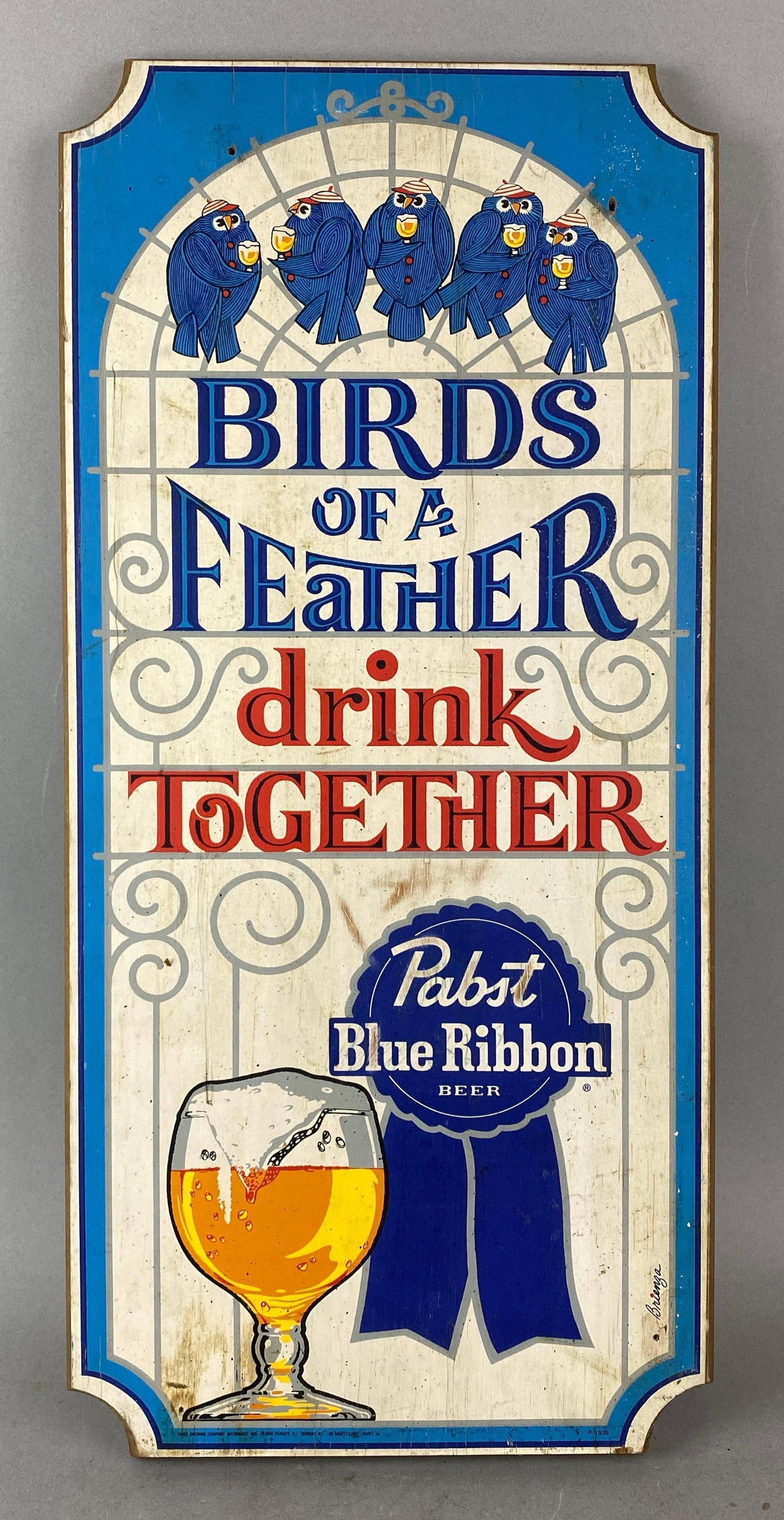 Pabst Blue Ribbon Advertising Beer Wood Plaque: Does have some wear. Measures H 24 x W 11 x D 3/4 inches.