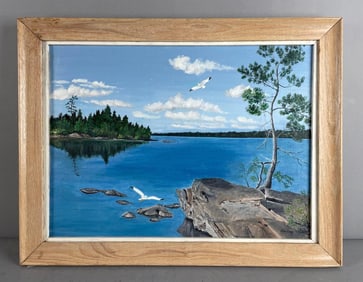 Artist Signed Hamms Beer Lake Oil Painting on Canvas