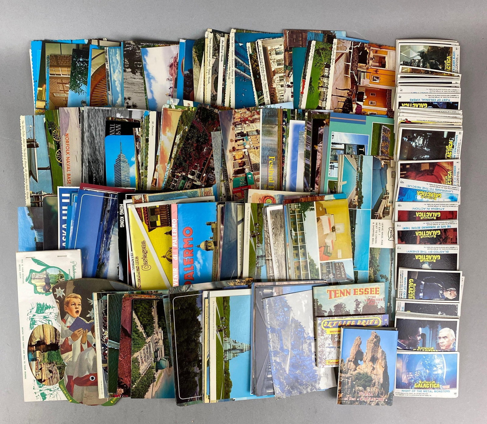 Large Group of Vintage Postcards and more: Includes Hand Fan, Battlestar Galactica and more. Largest item measures H3 1/2 x W8 inches
