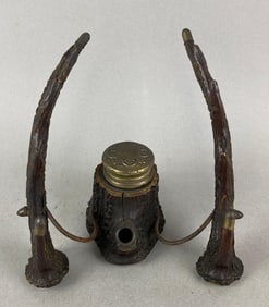 Antique Wood Antler Desk Ink Well