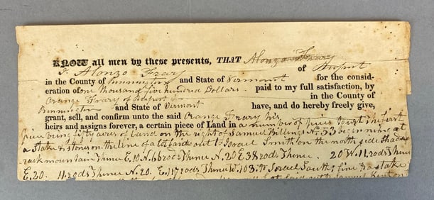 1825 United States Vermont Land Deed