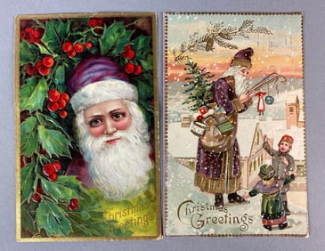 Group of 2 Antique Embossed Christmas Greetings Postcards