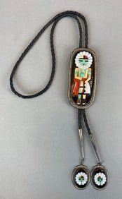 Beverly Etsate Signed Silver Zuni Inlay Bolo Tie