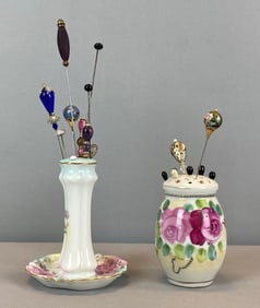 Group of Floral Porcelain Pin Holders and Hat Pins