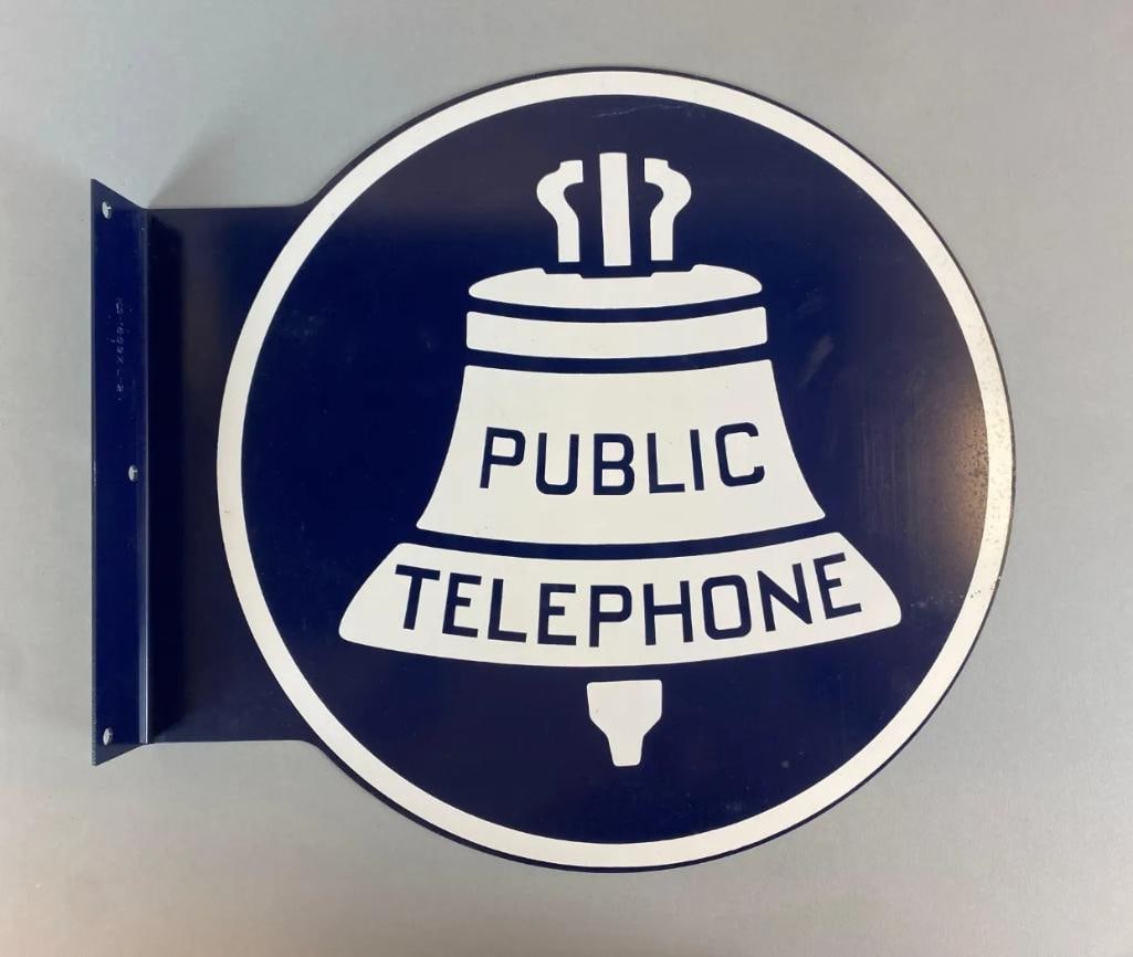 Reproduction Bell Public Telephone Metal Flange Advertising Sign: Measures 18 1/4” H x 19 1/2” W x 2” D