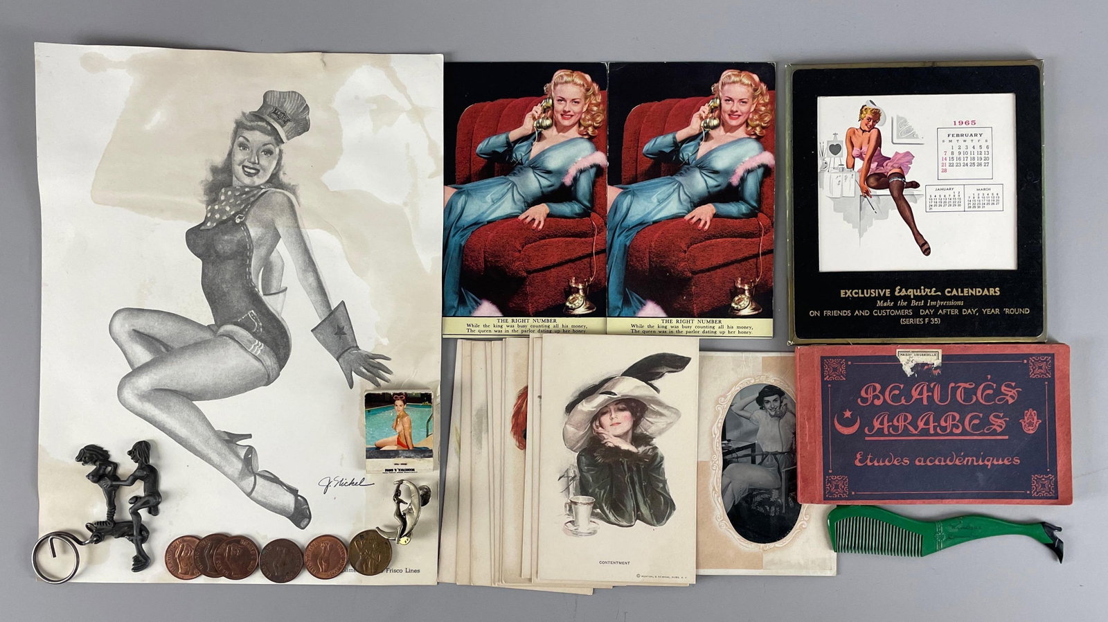Group of Vintage Pinup Items: Includes coins, postcards, Esquire calendars, largest measures 12" x 9"
