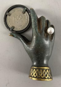 Vintage Bronze Judaica Hand with Coin Paperweight