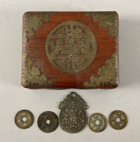 Group of Chinese Coins and Wood Box