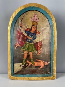 Vintage St. Michael Defeating Satan Wood Retablo