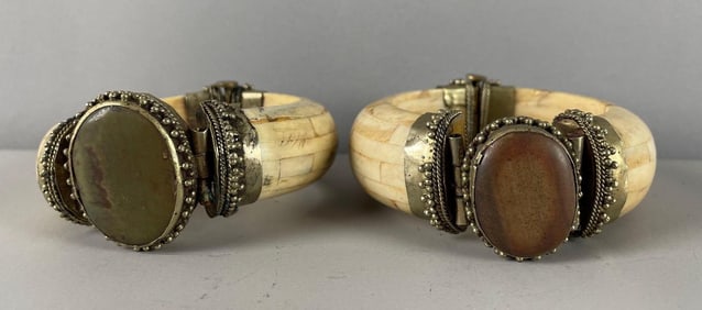 Pair of Bone / Brass Agate Hinged Bracelets