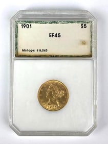 PCI Graded 1901 US $5 Liberty Head Gold Coin EF45