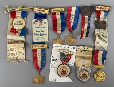 Group of Antique GAR Encampment Iowa Ribbon Badges and More
