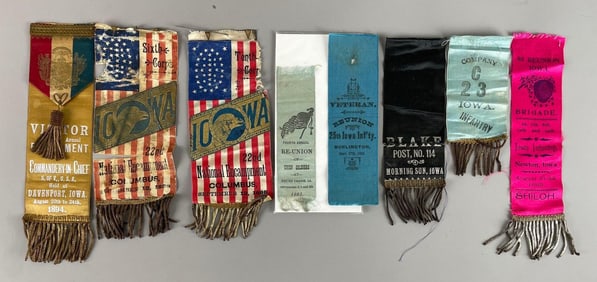 Group of Antique GAR Encampment Iowa Ribbon Badges and More