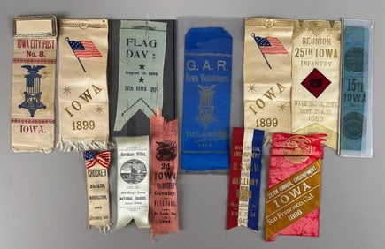 Group of Antique GAR Encampment Iowa Ribbon Badges and More