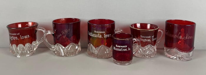 Group of Vintage Ruby Stained Glass Iowa Souvenir Mugs