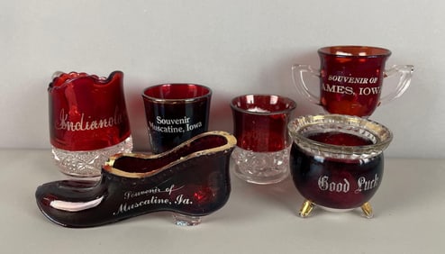 Group of Vintage Ruby Stained Glass Iowa Souvenir Items