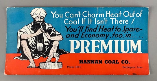 Vintage Burlington Iowa Hannan Coal Cardboard Advertising Sign